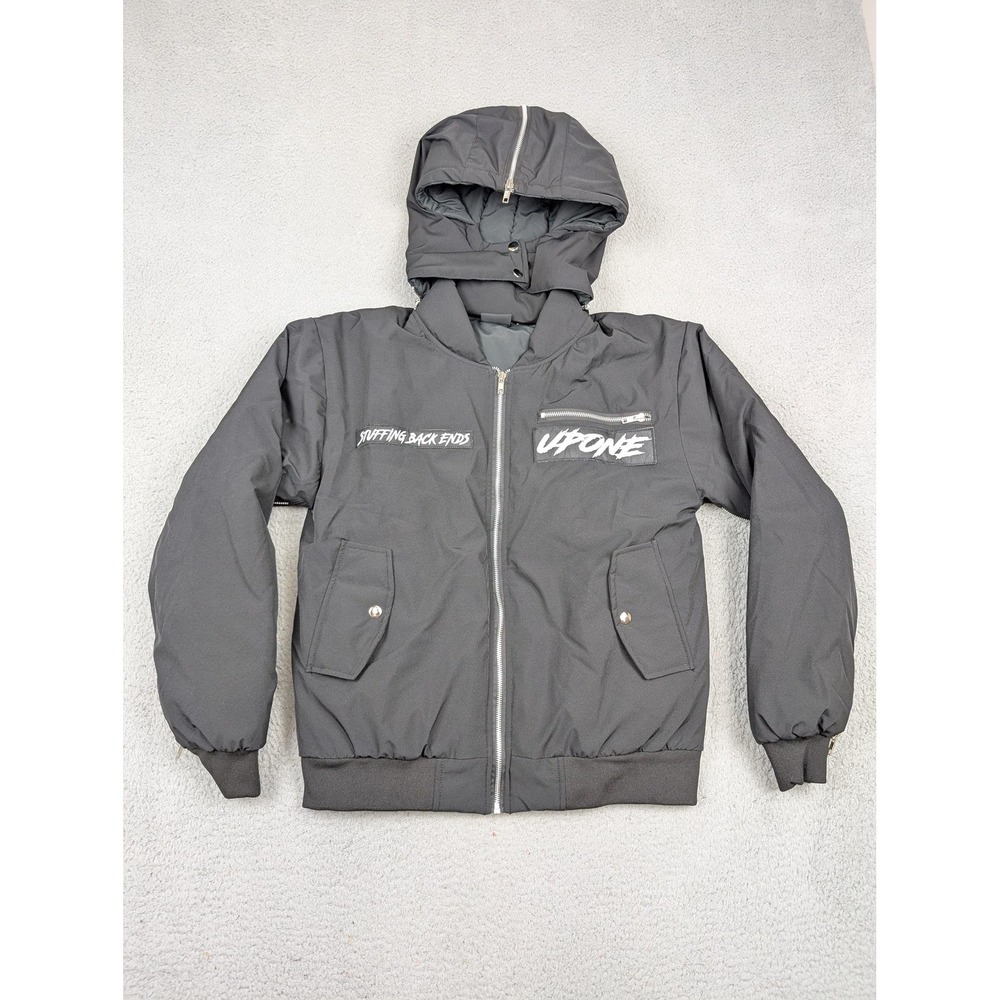 Upone Bomber Jacket Mens Small Black Stuffing Back Ends Graphic Zip Hood